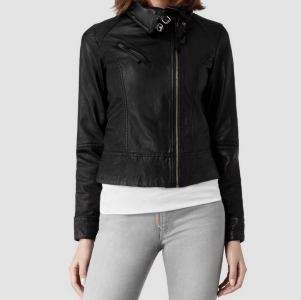 AllSaints Belvedere Biker Leather Jacket Size US 4 NWT Black - Picture 3 of 12